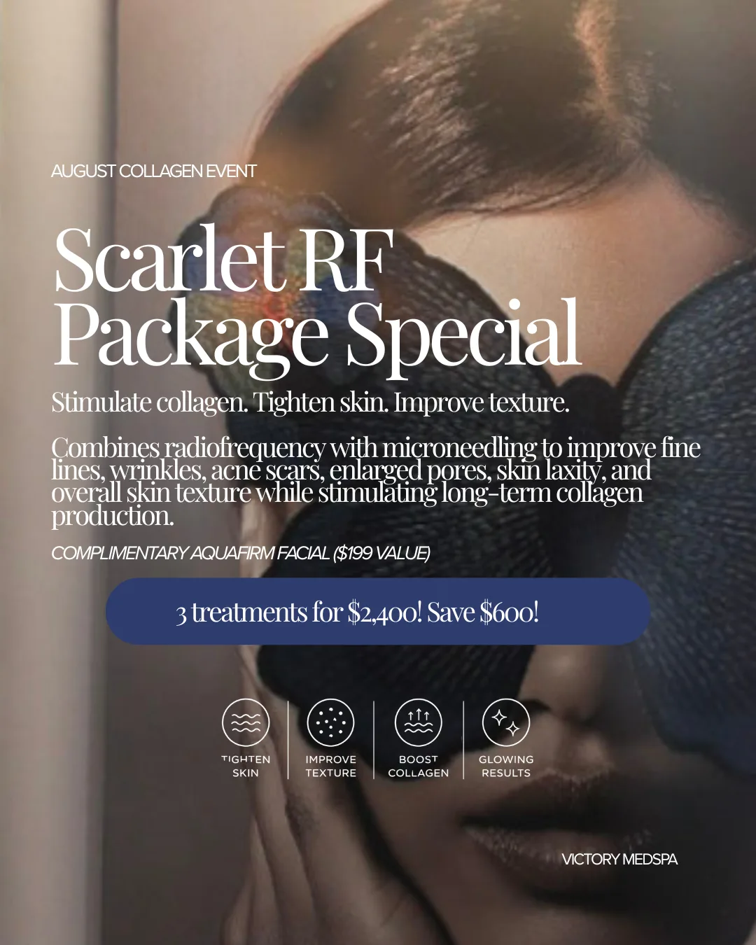 August Collagen Event — Scarlet RF package special: 3 treatments for $2,400, save $600, with a complimentary AquaFirme facial ($199 value).